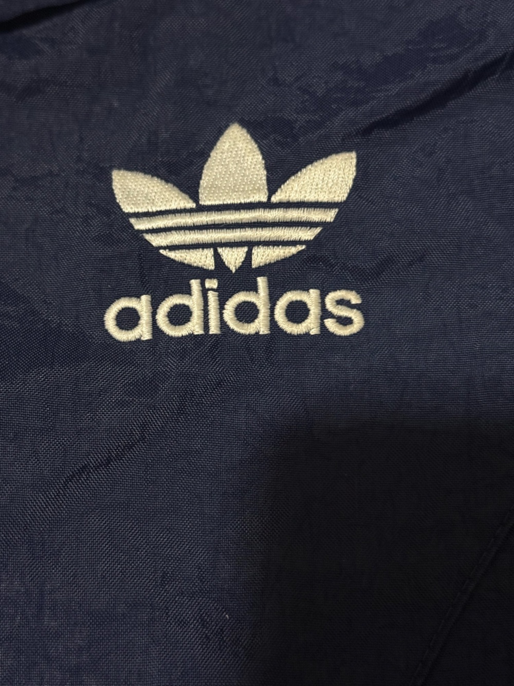 Vintage Adidas Windbreaker Jacket L Navy Trefoil Embroidered 3 Stripe Hooded - Picture 9 of 11
